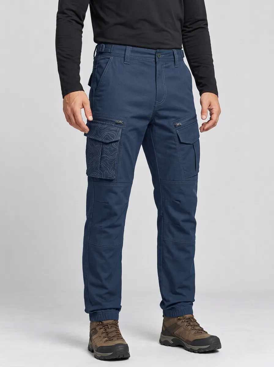 Men's Charcoal Grey Topographic Reinforced Knee Elastic Cuff Tactical Cargo Pants