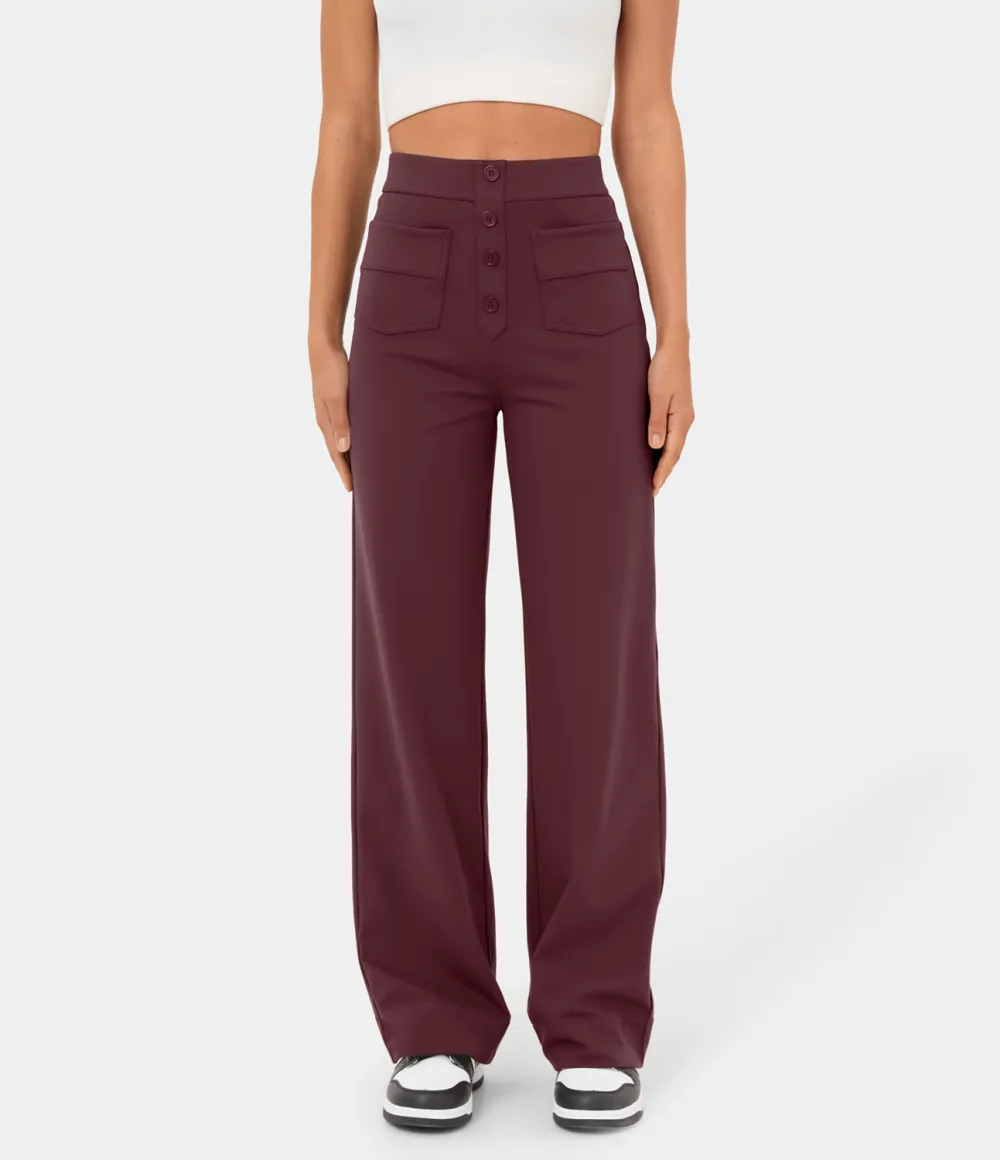 High Waisted Button Multiple Pockets Straight Leg Casual Pants
