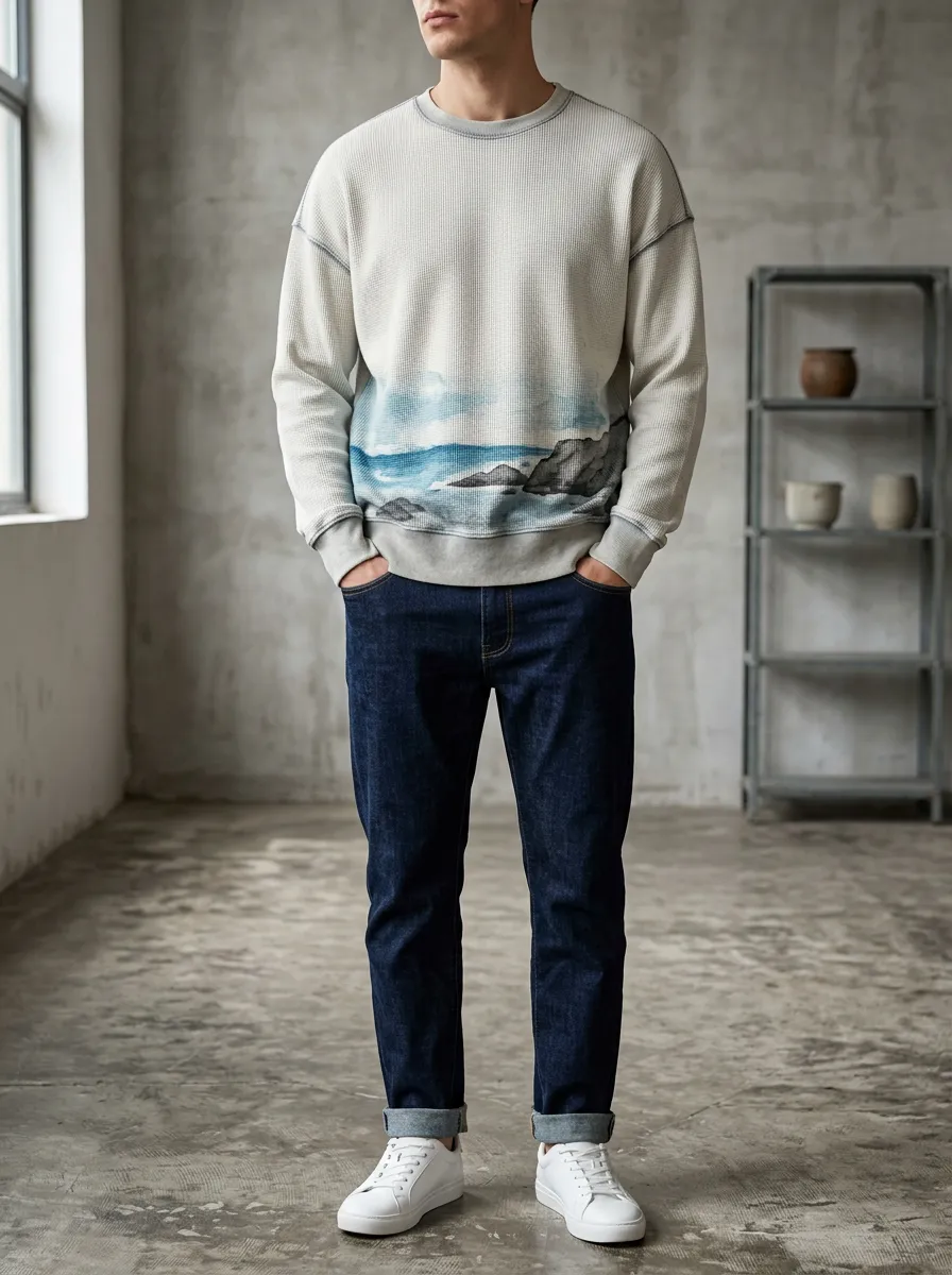 Men's Coastal Landscape Ocean Printed Waffle Knit Sweatshirt