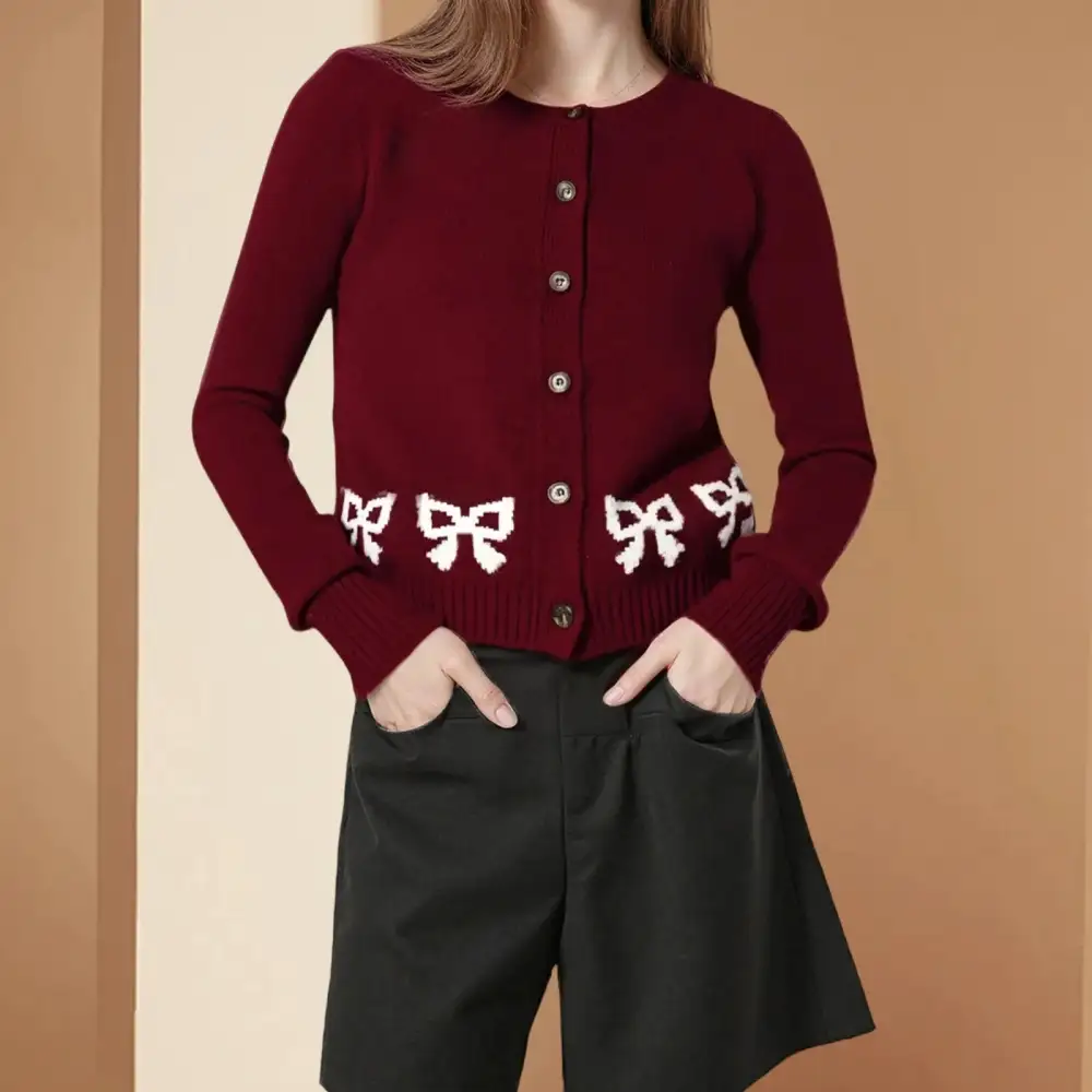 Bow Print Crew Neck Knit Cardigan