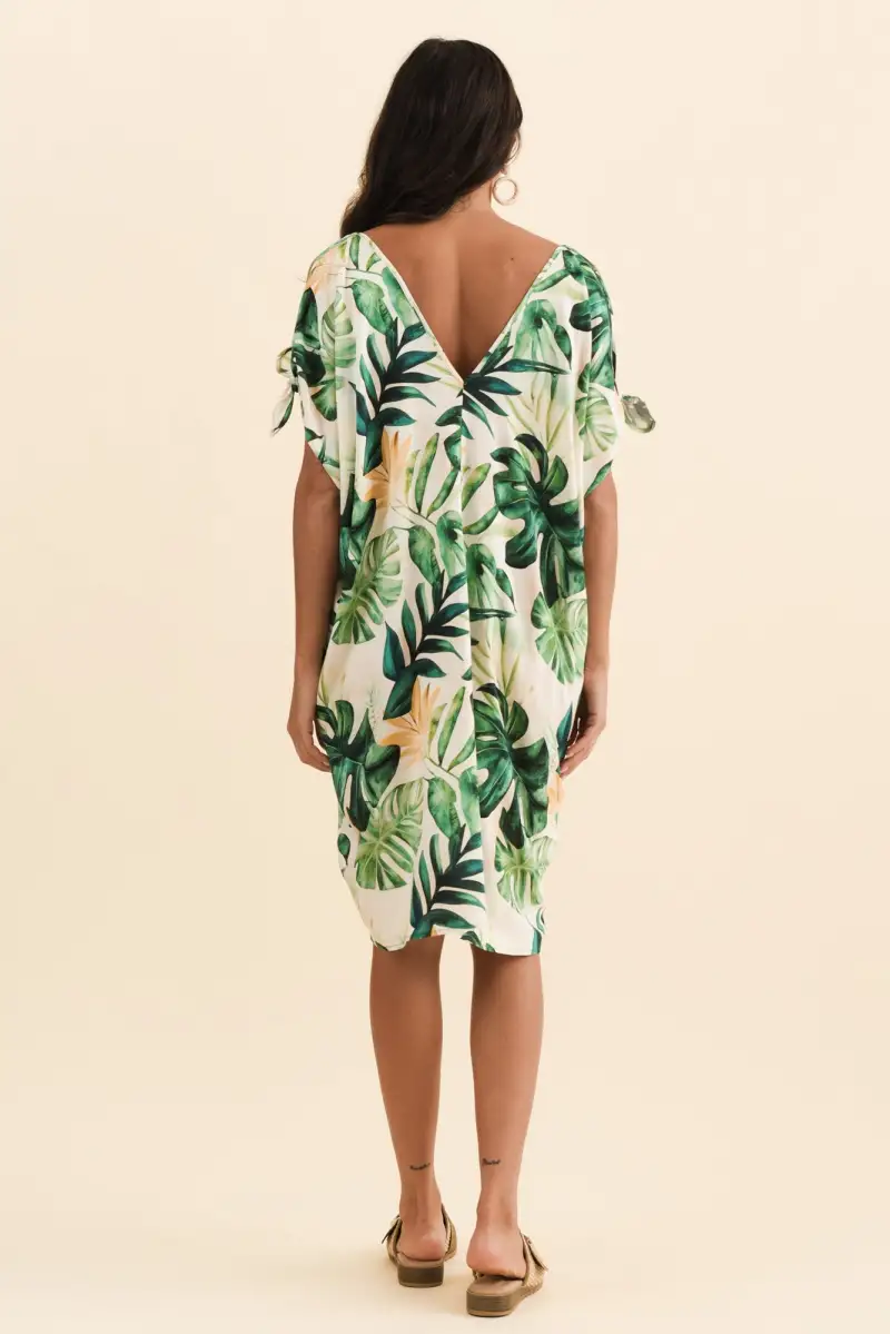 Above-Knee Floral Rayon Cold-Shoulder V-Neck Short-Sleeve Draped Kaftan