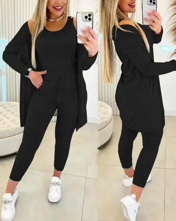Women's Round Neck Tank Top & Drawstring Pants Set With Coat