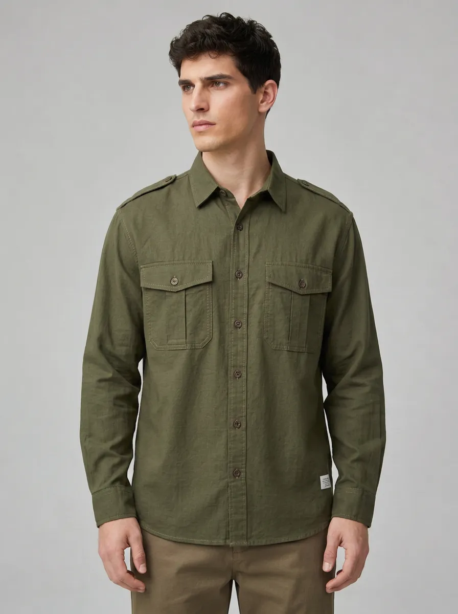 Men's Casual Outdoor Olive Green Military Style Button-Down Shirt