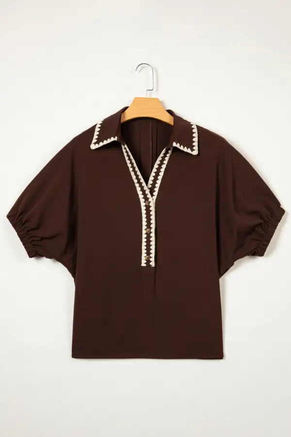 Women's V Neck Collared Short Sleeve Top