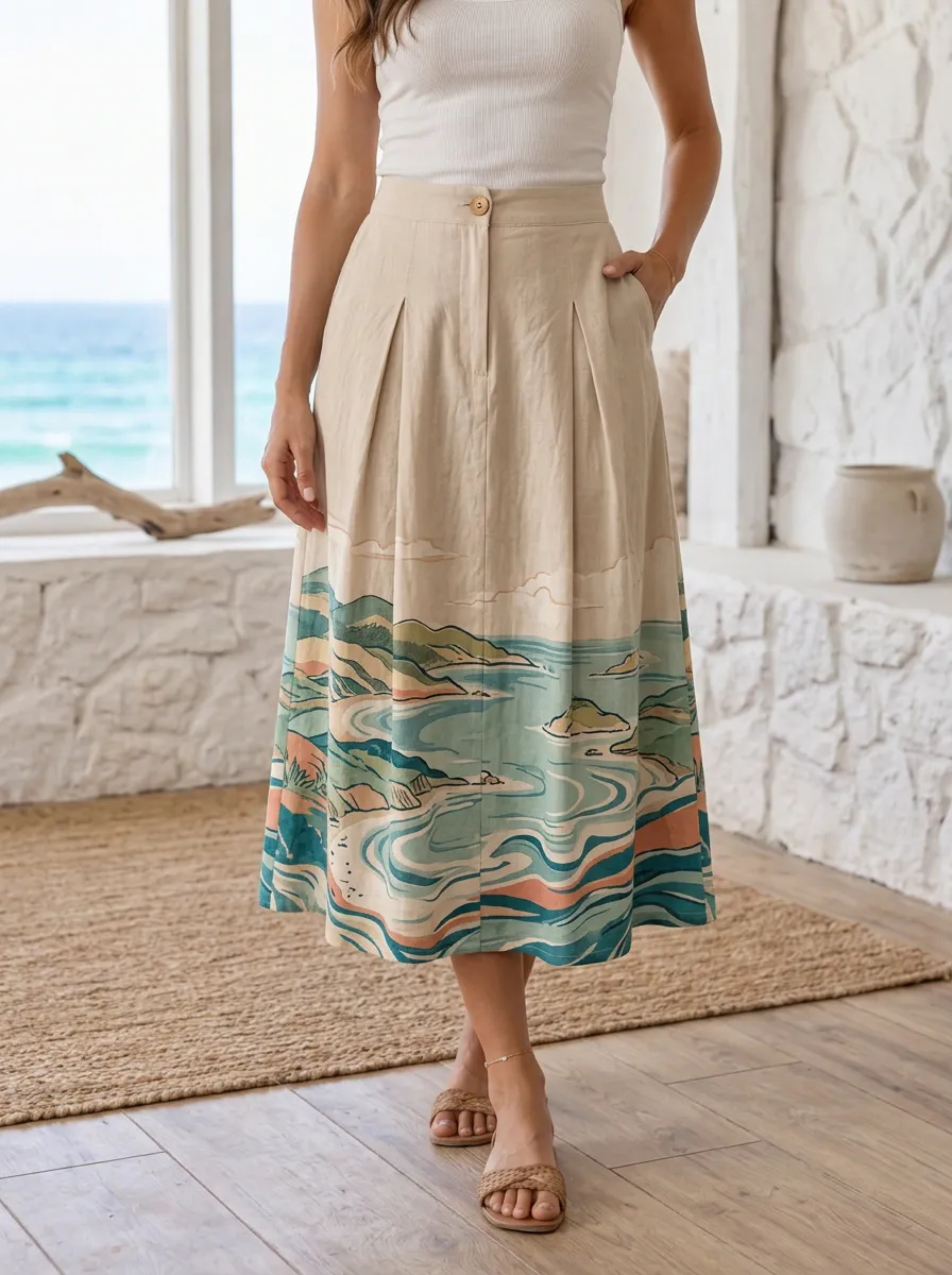 Women's Landscape Print Pleated Midi Skirt
