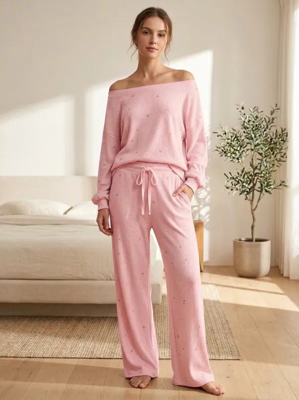 Women's Minimalist Star Pattern Printed Ribbed Loungewear Set