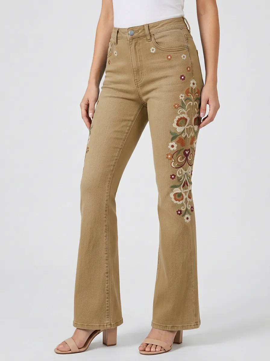 Women's Botanical Medium Wash Floral Embroidery Flare Jeans