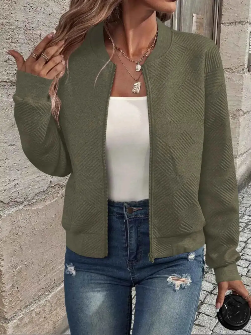 Texture Zip-Up Bomber Jacket