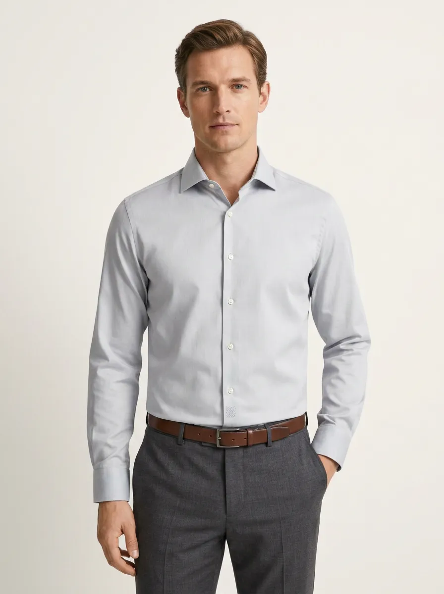 Men's Non-Iron Cotton Solid Light Grey Button-Down Shirt