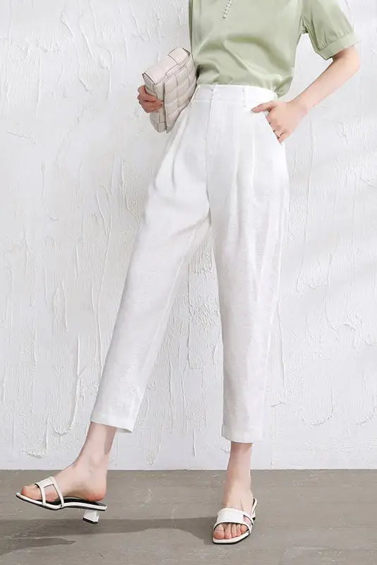 Refined Linen Elastic Waist Pleated Trousers