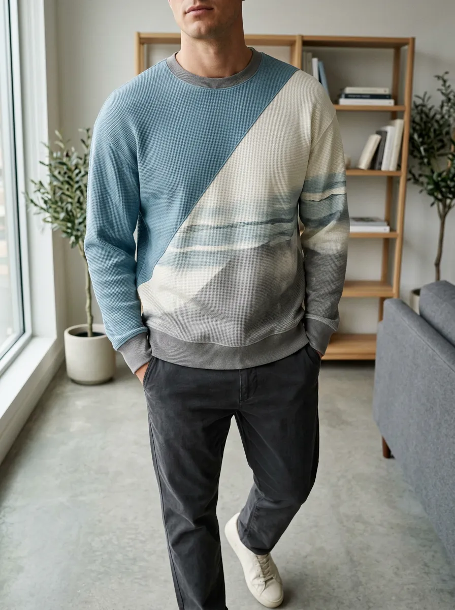 Men's Abstract Landscape Colorblock Waffle Knit Printed Sweatshirt