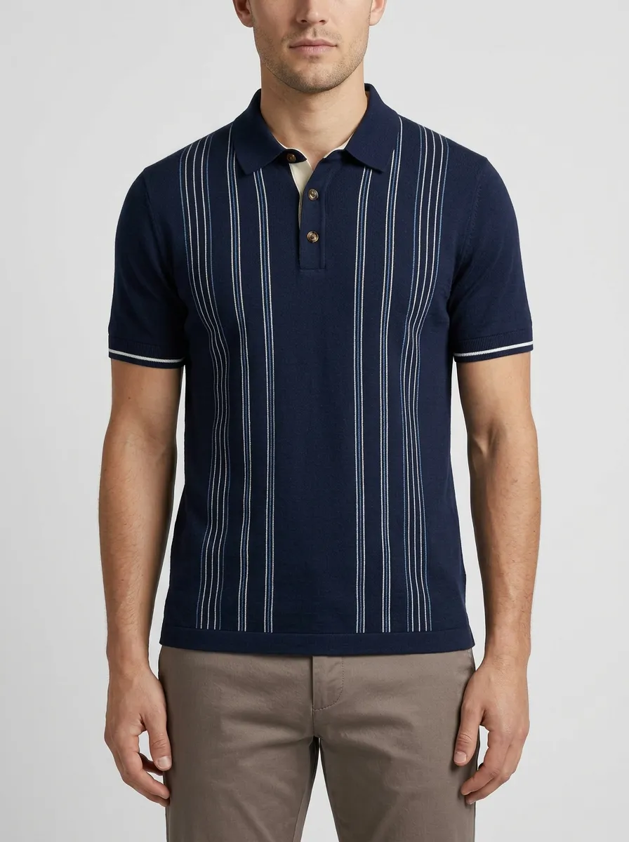Men's Classic Comfort Vertical Stripe Knit Polo Shirt