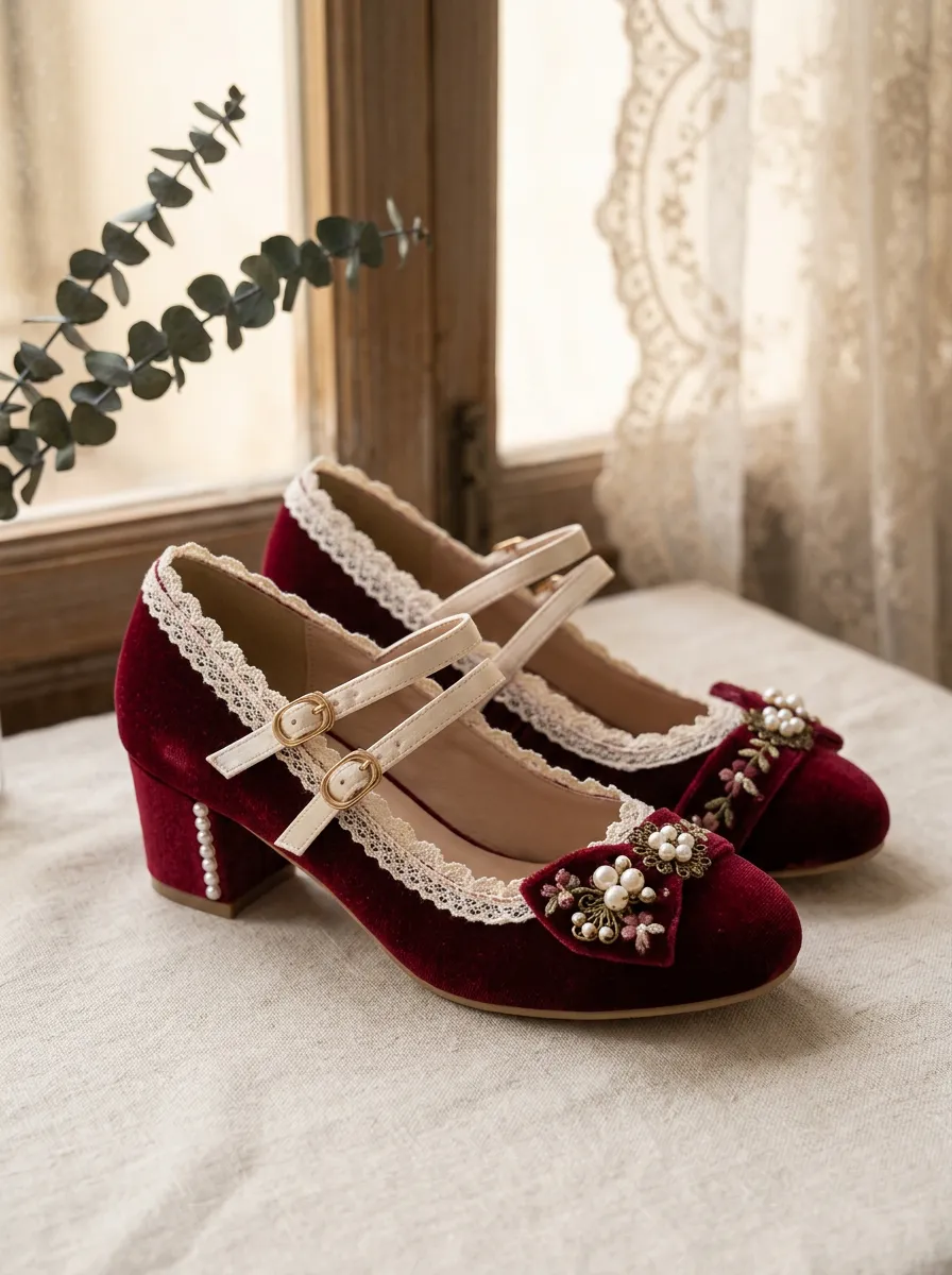 Mary Jane Lace Pearl Embroidered Women's Bavarian Occasion Heels