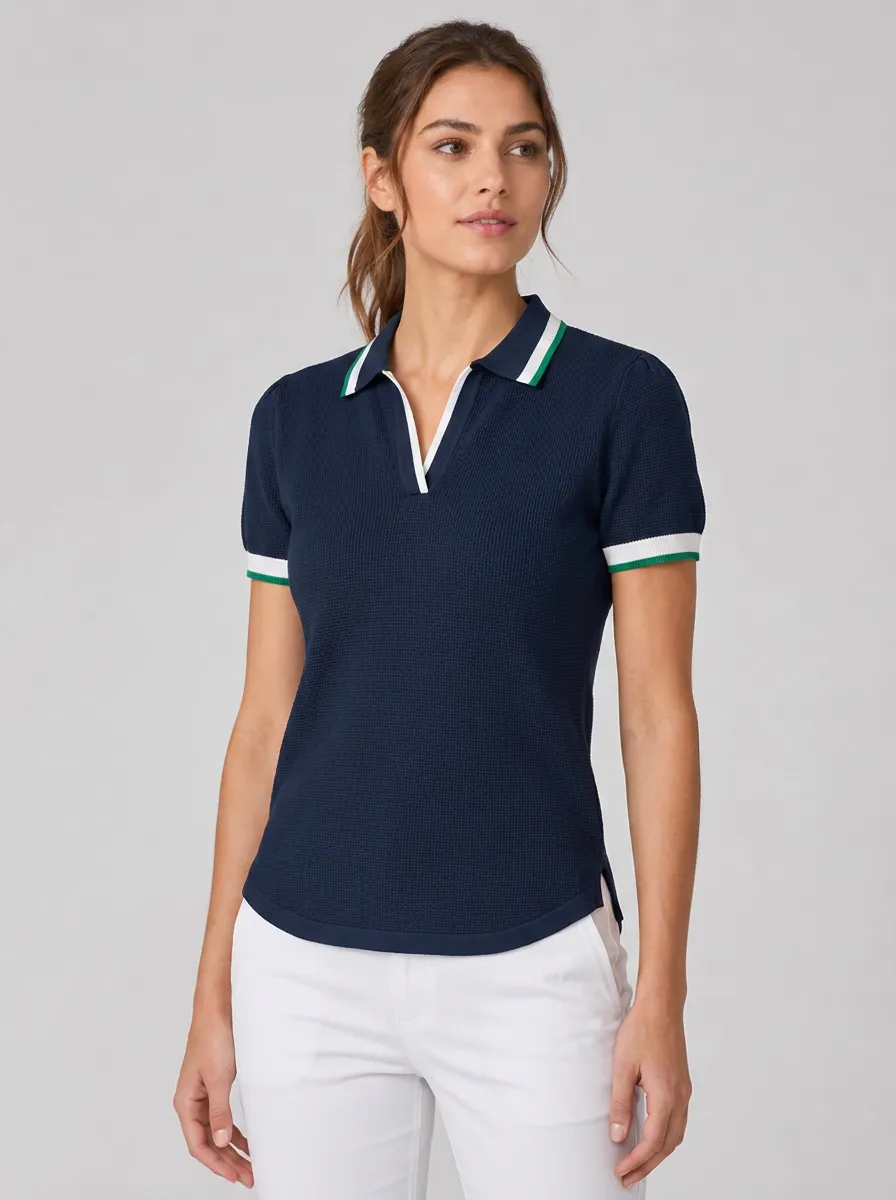 Women's Equestrian Lover Navy Striped Trim Polo Shirt
