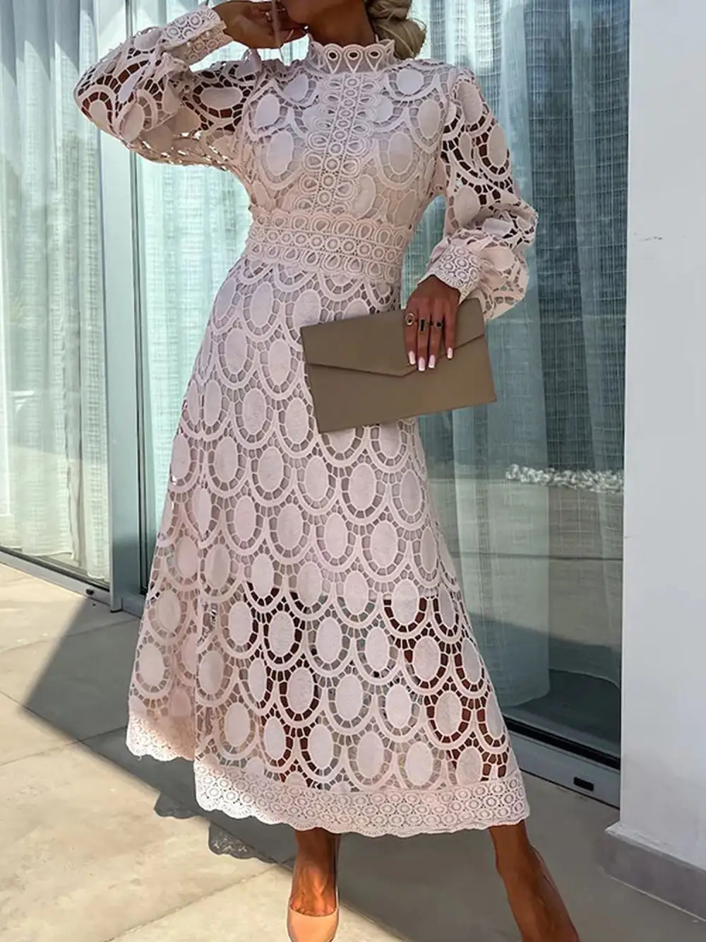 Boho Eyelet Mock-Neck Long-Sleeve Evening Maxi Dress