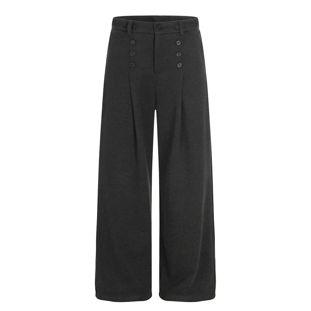 Vintage-Inspired Pleated Button Casual Pants