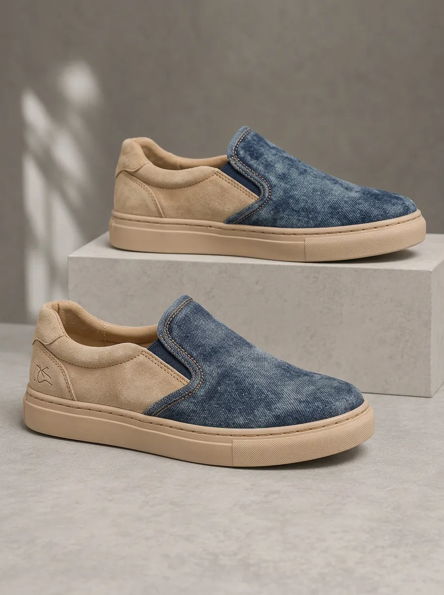 Men's Casual Denim Suede Patchwork Printed Slip-on Shoes