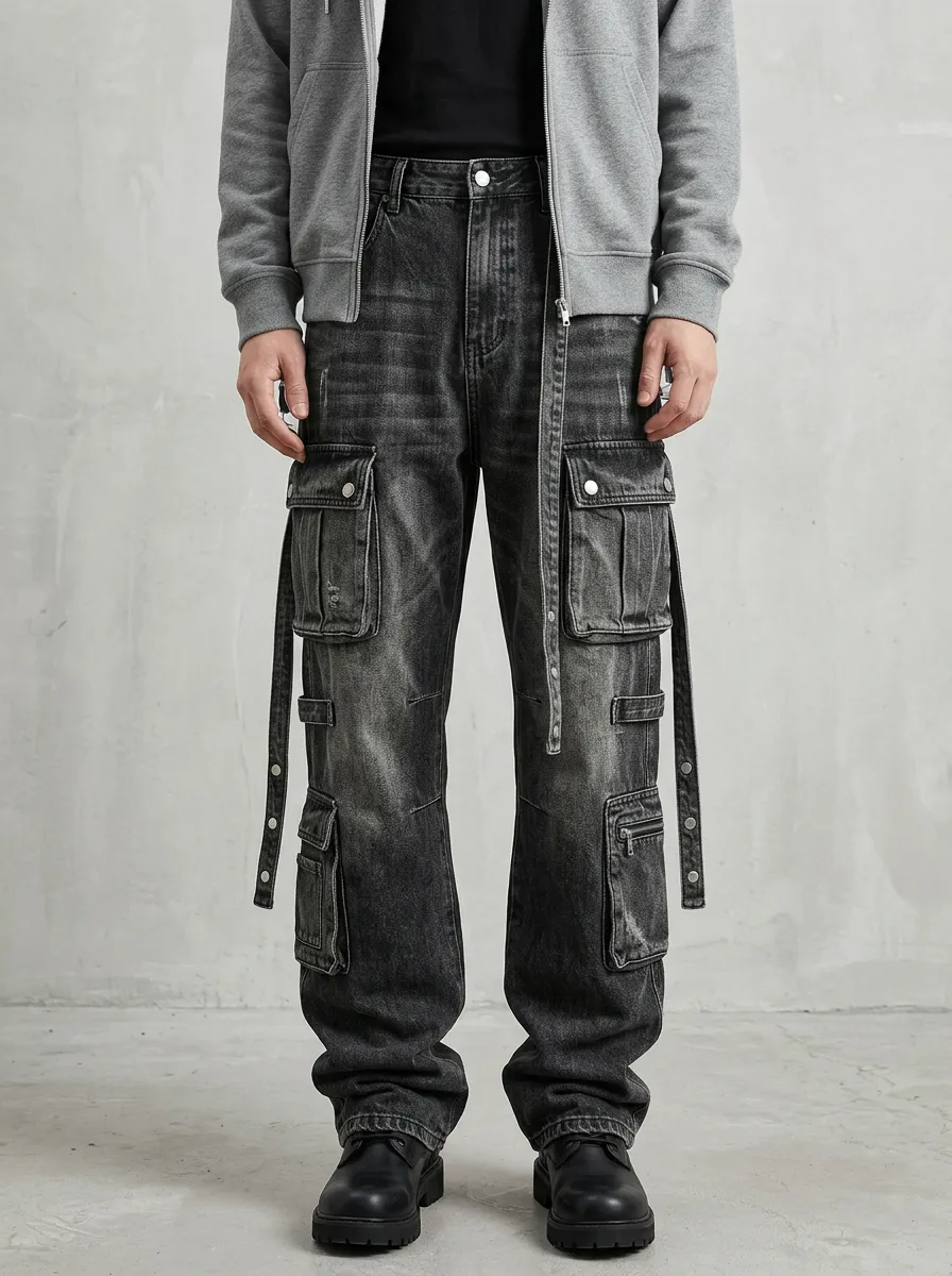Men's Washed Black Multi-Pocket Strap Detail Zip Utility Pocket Cargo Pants