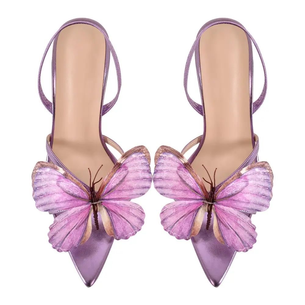 Butterfly Pointed Toe Clear Heel Slingback Sandals