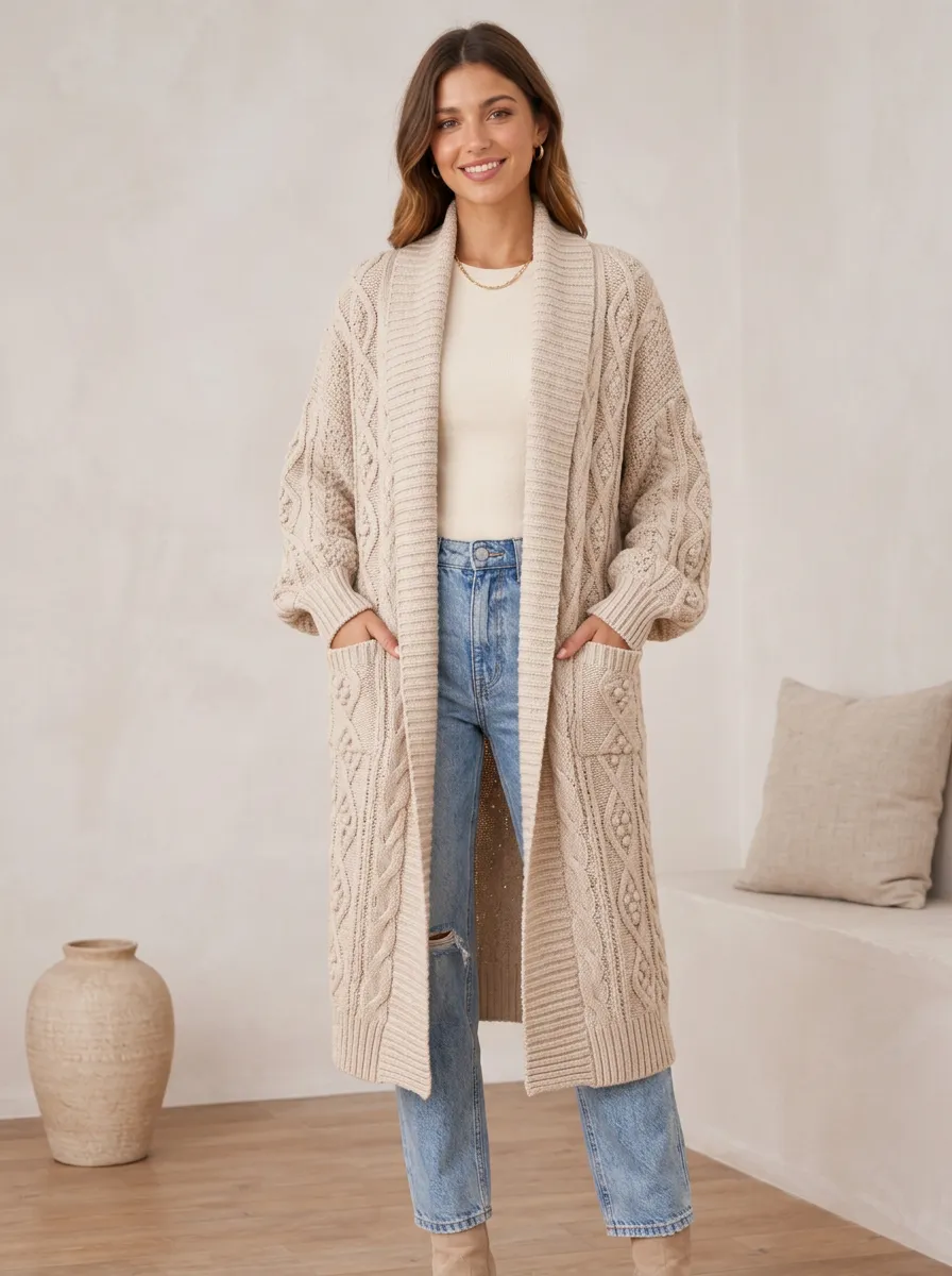 Women's Casual Beige Cable Knit Patterned Long Cardigan