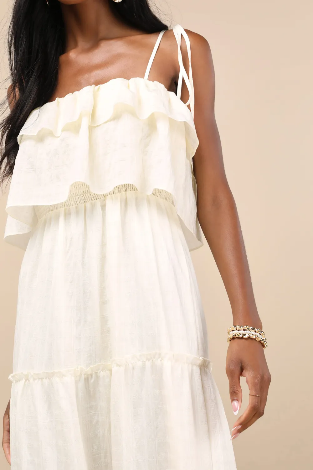 Casual Style Textured Tie-Strap Tiered Maxi Dress
