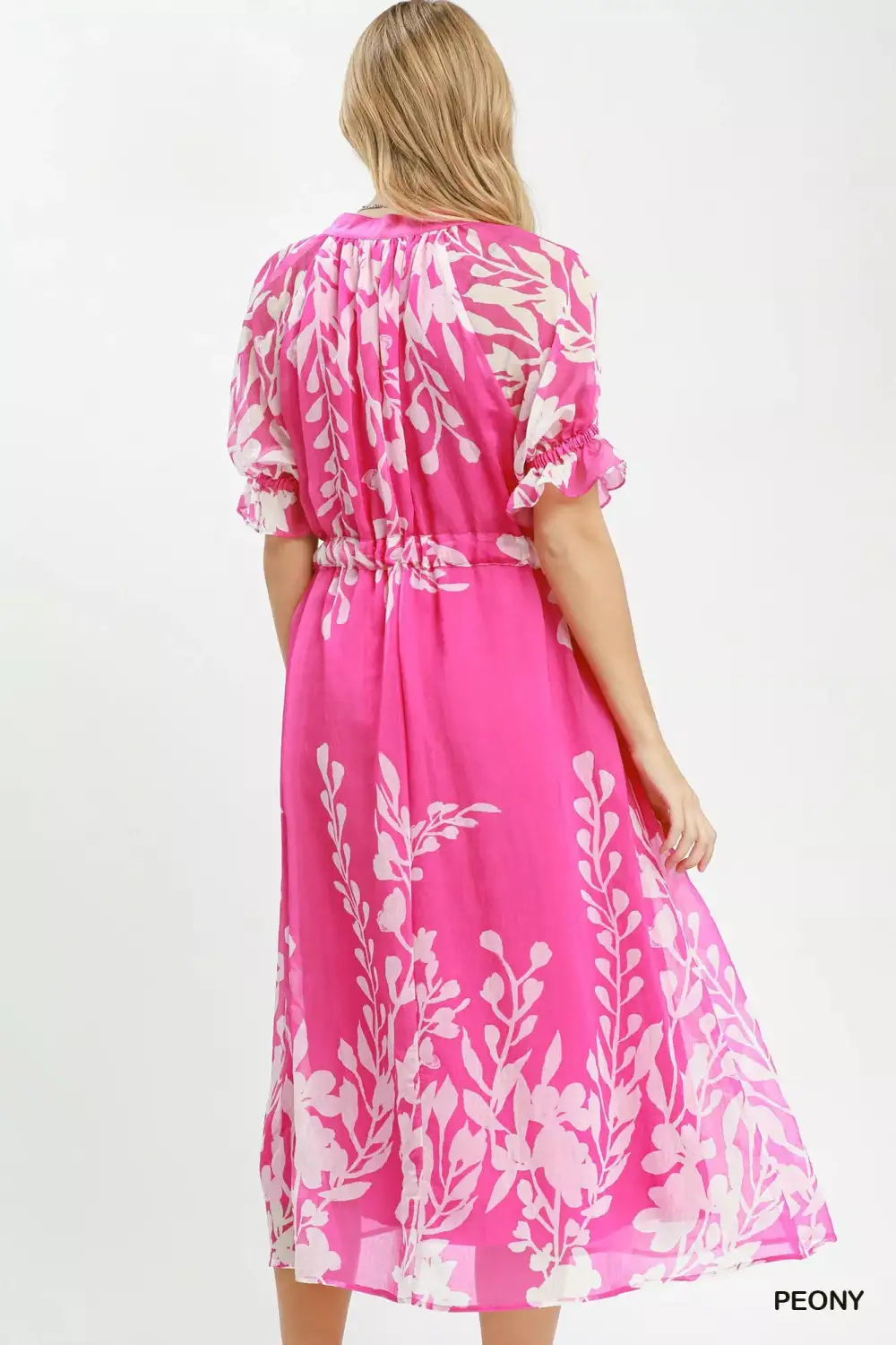 Floral Print V-Neck Puff Sleeve Tie Waist Midi Dress