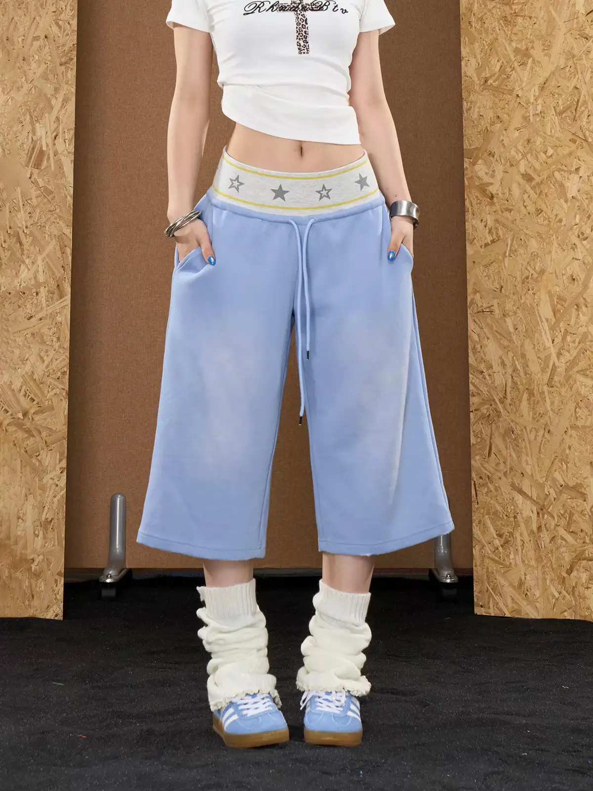 Wide-Leg Star-Graphic Patchwork Shorts