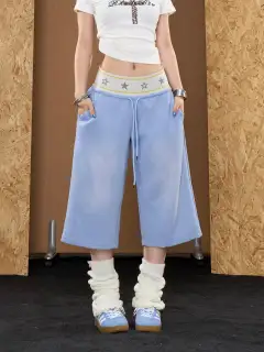 Wide-Leg Star-Graphic Patchwork Shorts