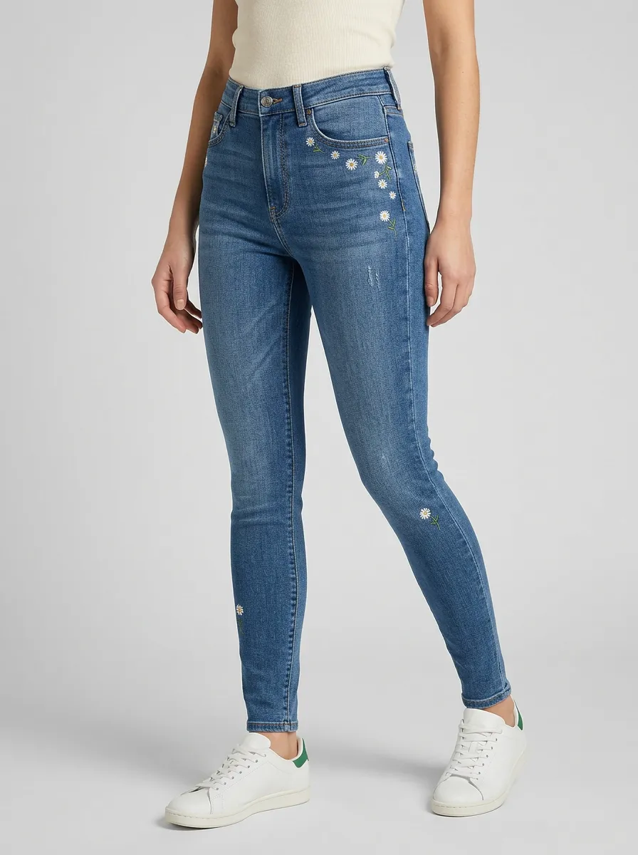 Women's Atlas Floral Daisy Embroidered Printed Slim Jeans