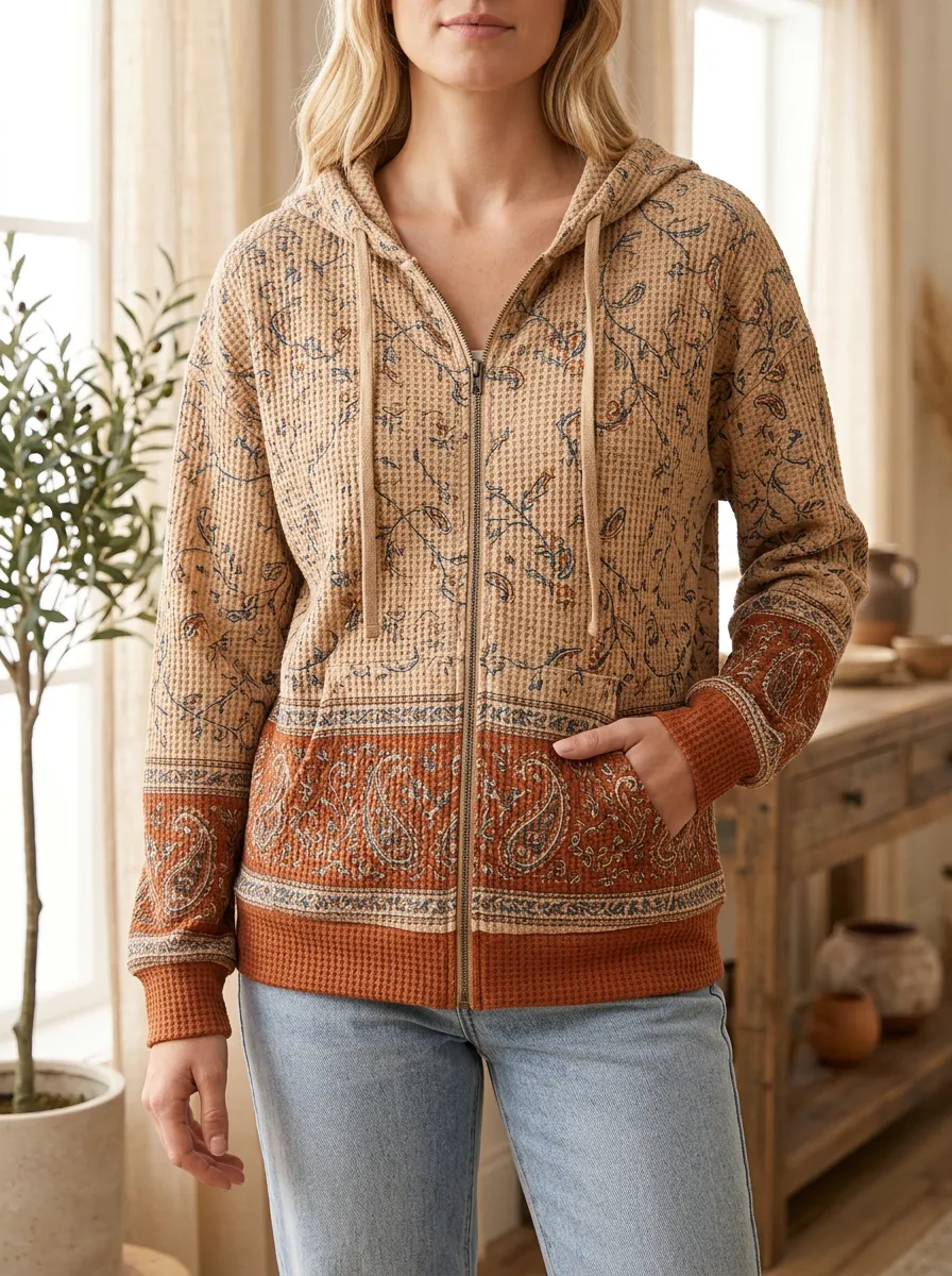 Women's Boho Paisley Floral Signature Print Waffle Zip-Up Hoodie