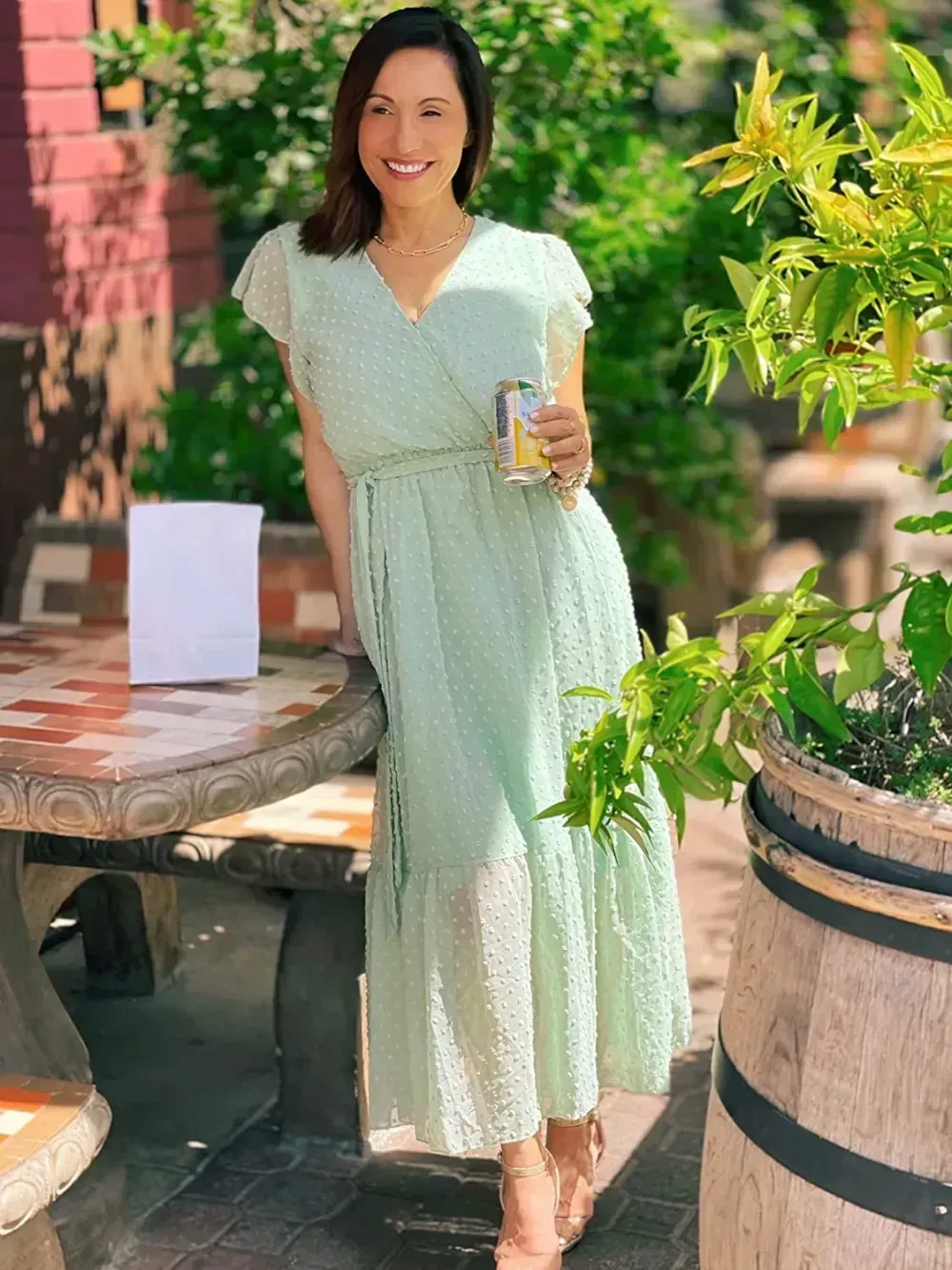 Women Summer Bohemian Floral Casual Wrap V Neck Ruffle Cap Sleeveless Belt A-Line Pleated Hem Swing Midi Sun Dress