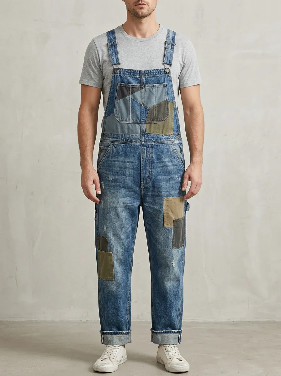 Patchwork Denim Tonal Detail Overalls