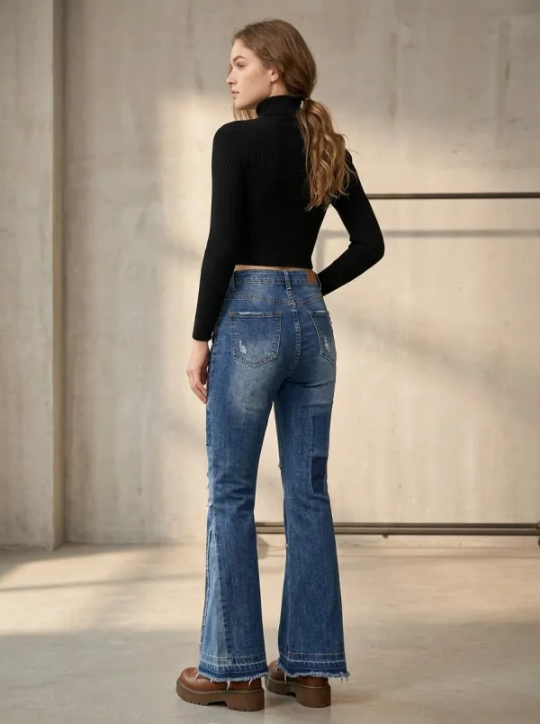 Women's Vintage Style Distressed Patchwork Flared Denim Pants