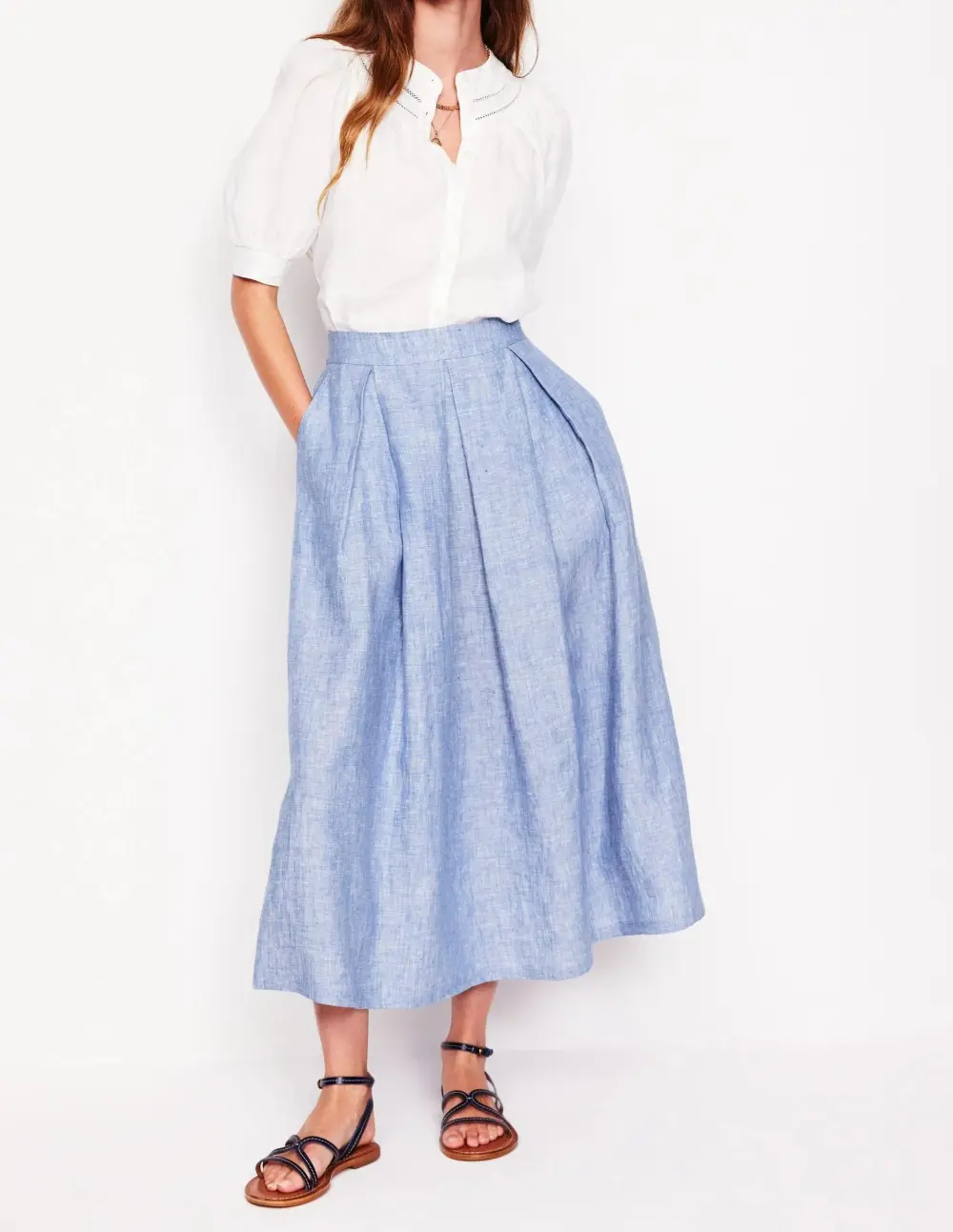 Verity Linen Midi Skirt -Grey Blue Chambray