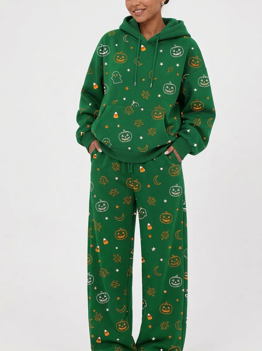 Women's Halloween Pumpkin Ghost Printed Hoodie and Wide Leg Pants Set