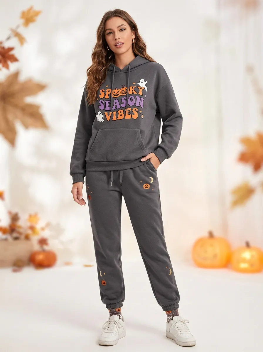 Women's Halloween Charcoal Spooky Season Ghost Pumpkin Hoodie Jogger Set