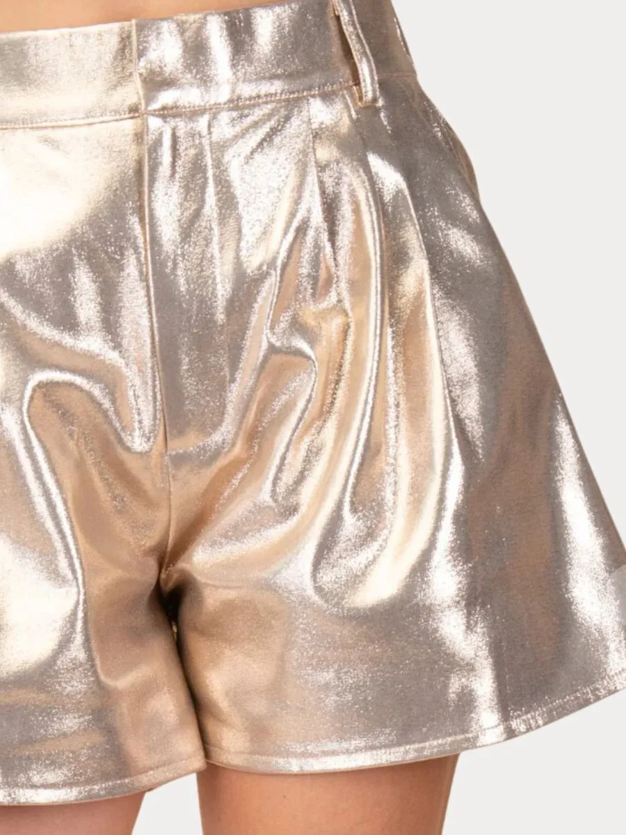 Metallic High Rise Pleated Shorts
