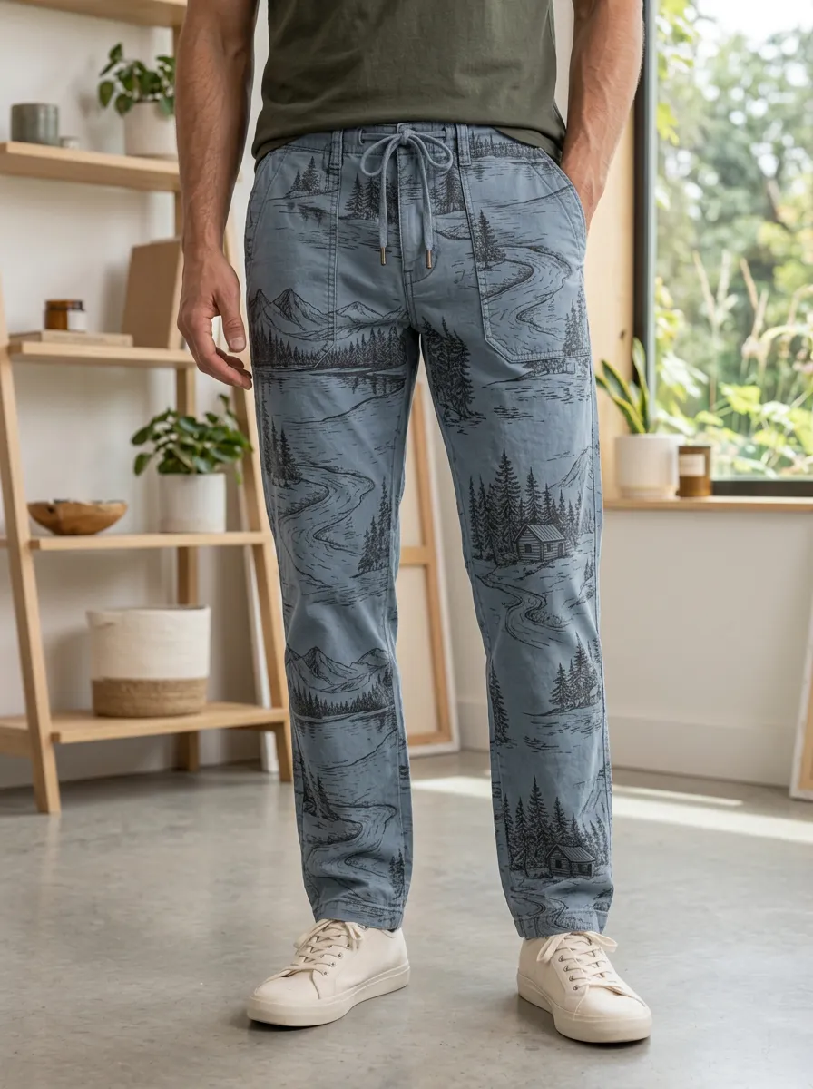 Men's Nature Lover Mountain Forest Cabin Printed Pants