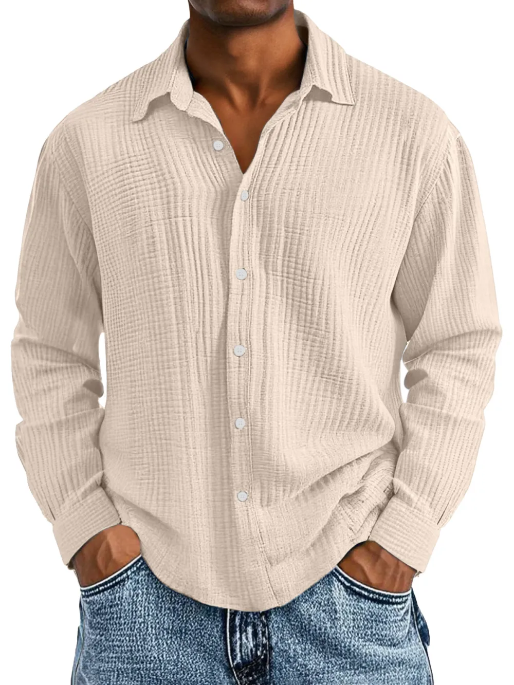 Layered Long Sleeve Camp Collar Pleated Front Shirt