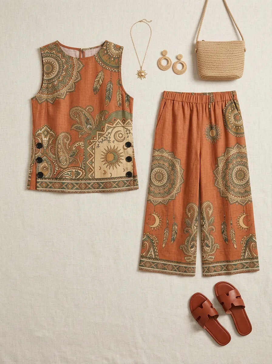 Women's Bohemian Paisley Mandala Printed Sleeveless Set