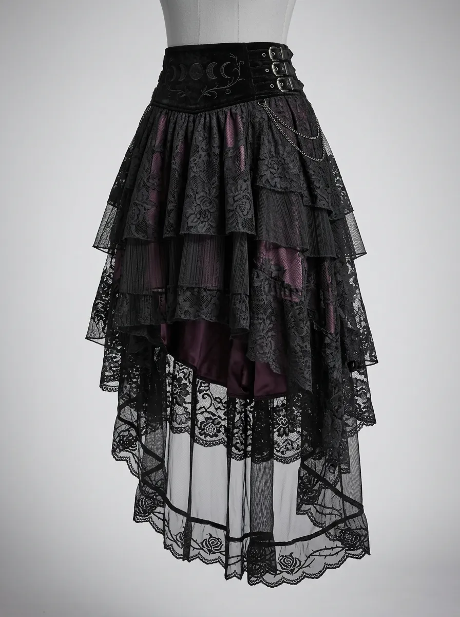Noir Moon Phase Moon Lace Finish Women's Gothic High-Low Skirt