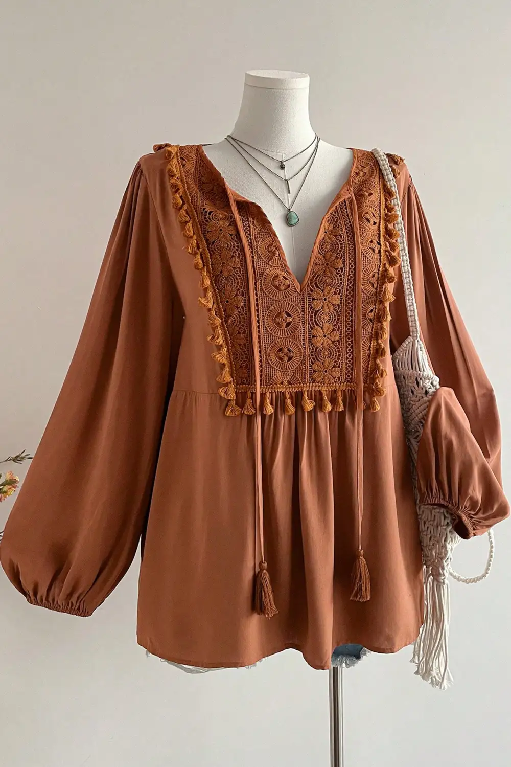 Women's Embroidered V Neck Long Sleeve Top