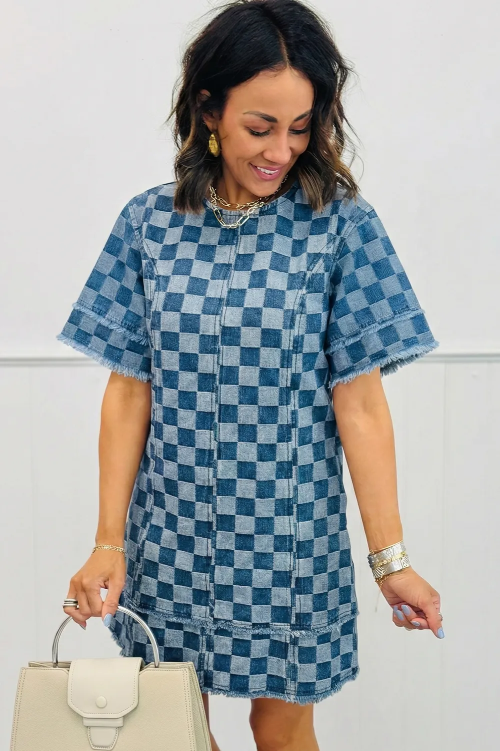Blue Checkered Denim Mini Dress
