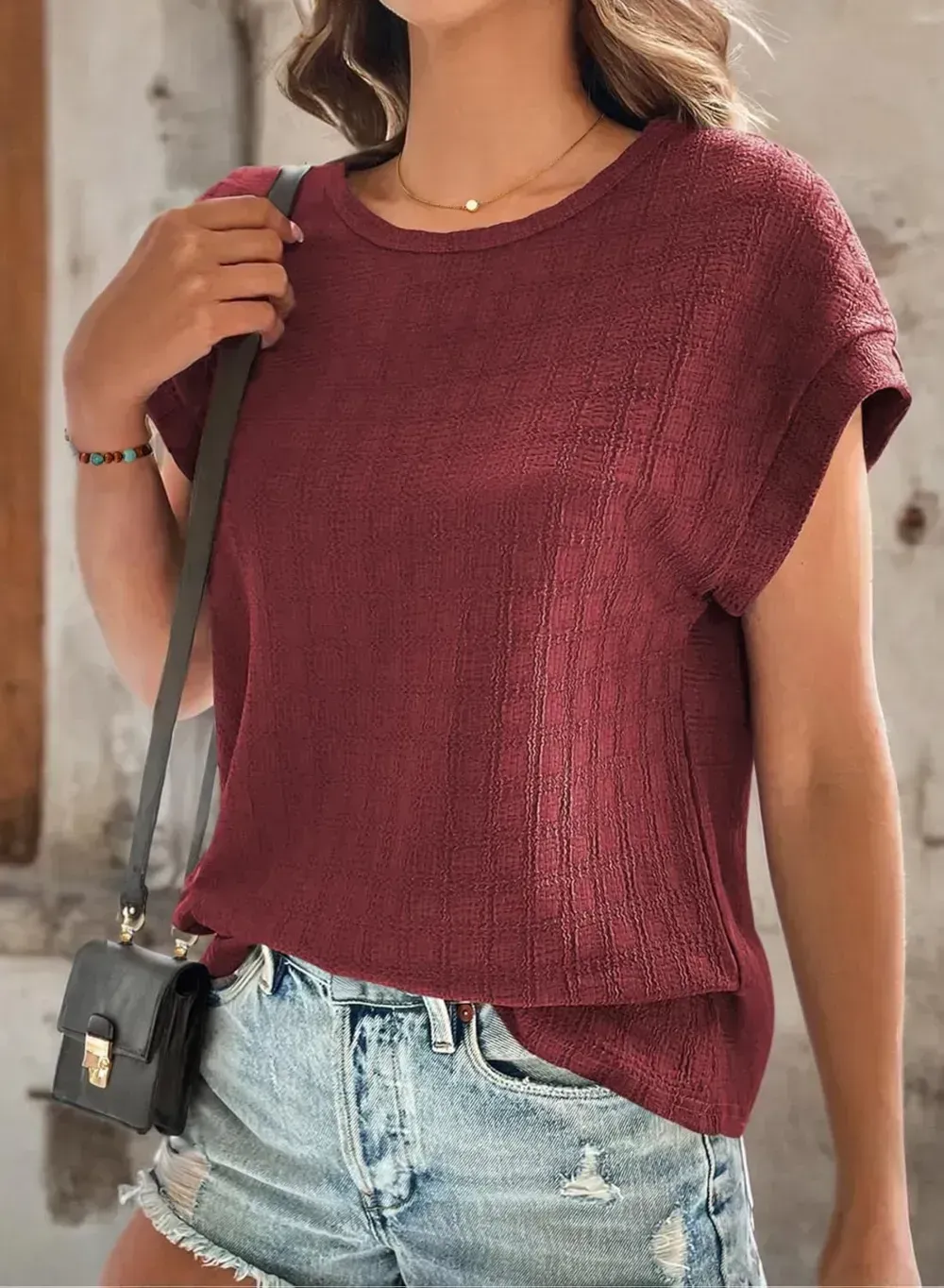 Dokotoo Tops for Women Trendy Summer Casual Cap Short Sleeve Basic Textured Solid Color Round Neck T Shirts Blouse