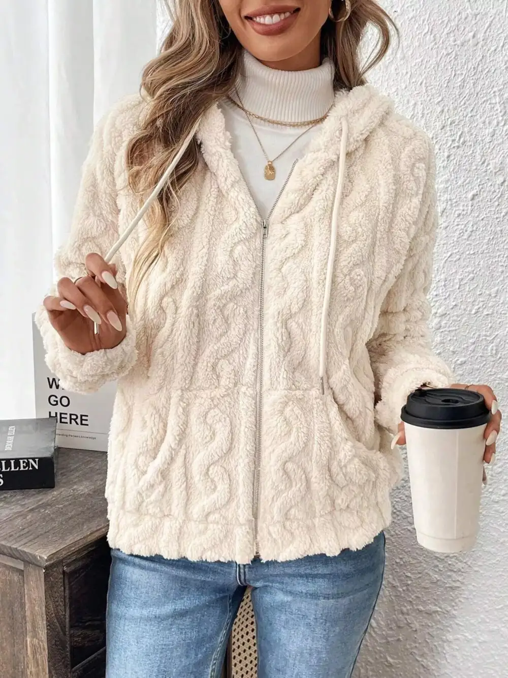 Drawstring Zip-up Fleece Hooded Outerwear