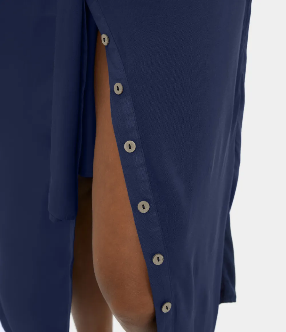 Deep V Neck Bishop Sleeve Button Tie Front Ruched Midi Casual Dress