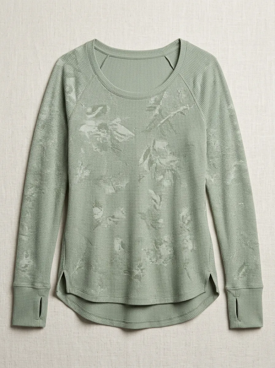 Women's Sage Green Floral Waffle Knit Printed Athletic Top