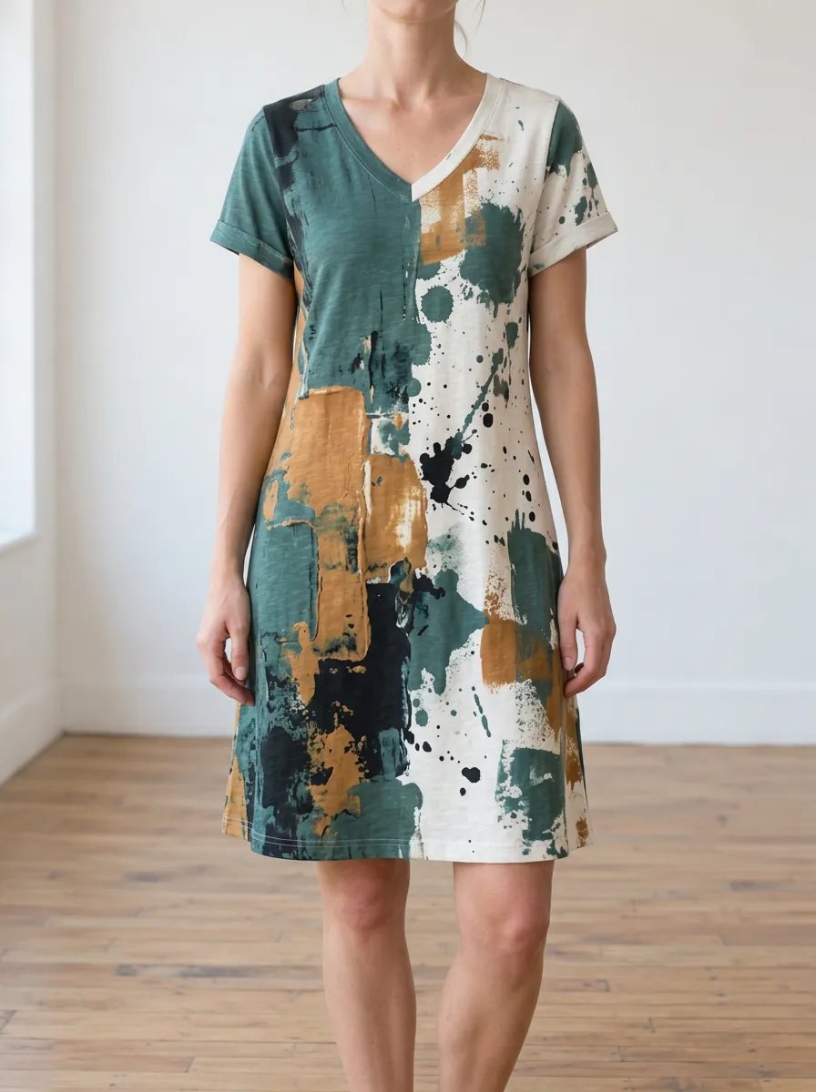 Women's Relaxed Abstract Print V-Neck T-Shirt Dress