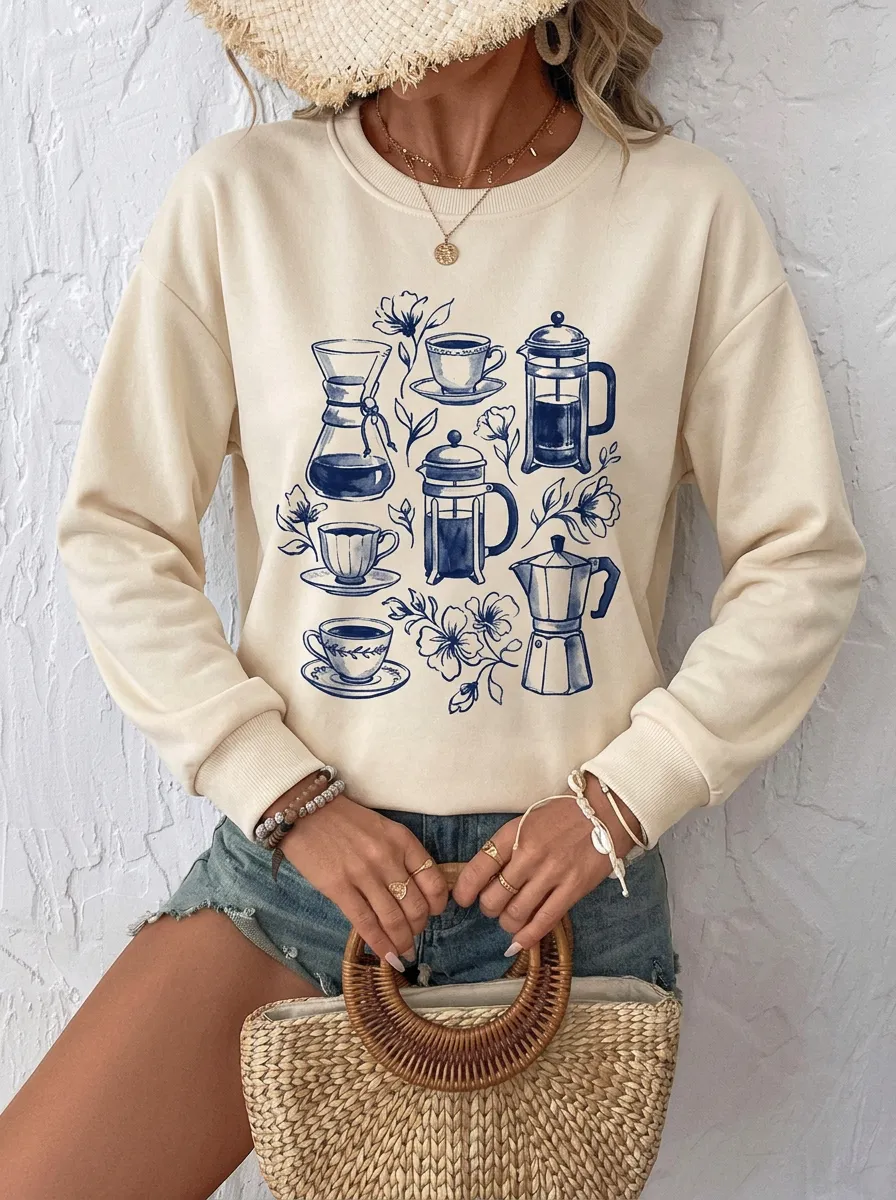 Women's Coffee Lover Floral French Press Printed Sweatshirt