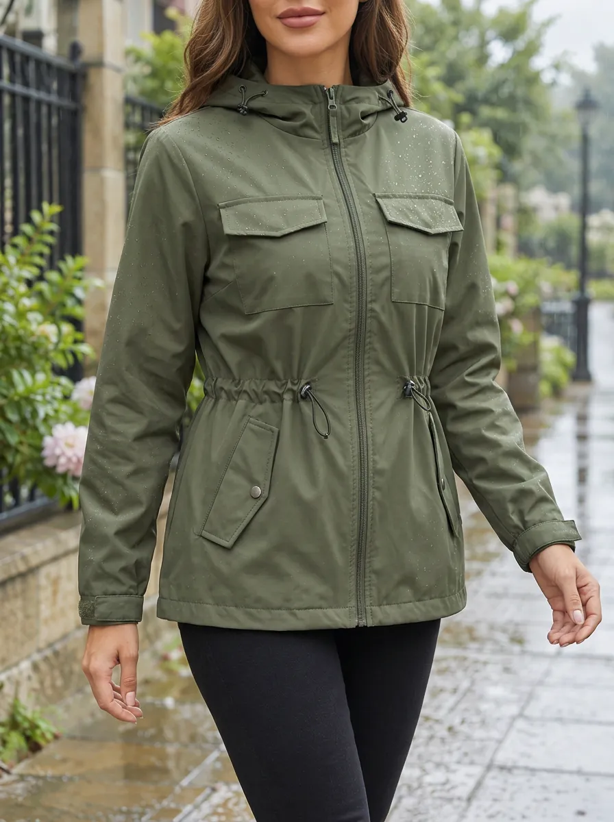 Women's Olive Green Hooded Waterproof Utility Jacket with a Chest Pocket
